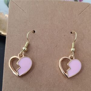 New Hand Crafted Cute Pink & Gold Broken Heart Earrings 14K Gold Plated Hooks